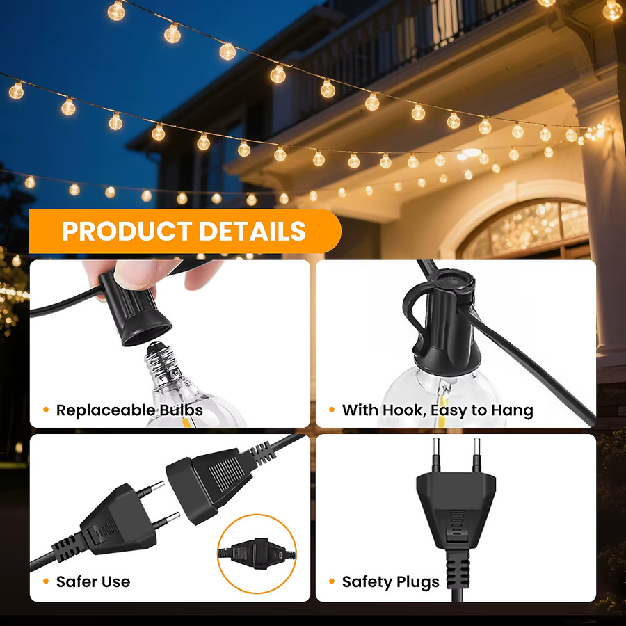 Aiopp G40 LED-Kugel-Lichterkette für den Außenbereich, wasserdichte Glaskugeln in Transparent, warmweißes Licht, verbindbare Hängelampe für Garten und Balkon, Schwarz - Bild 4