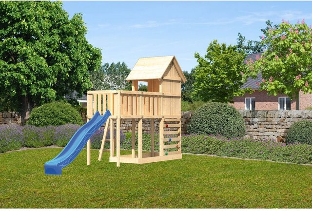 Karibu Stelzenhaus Frieda mit Anbauplattform, Kletterwand und Rutsche in Blau - Bild 1