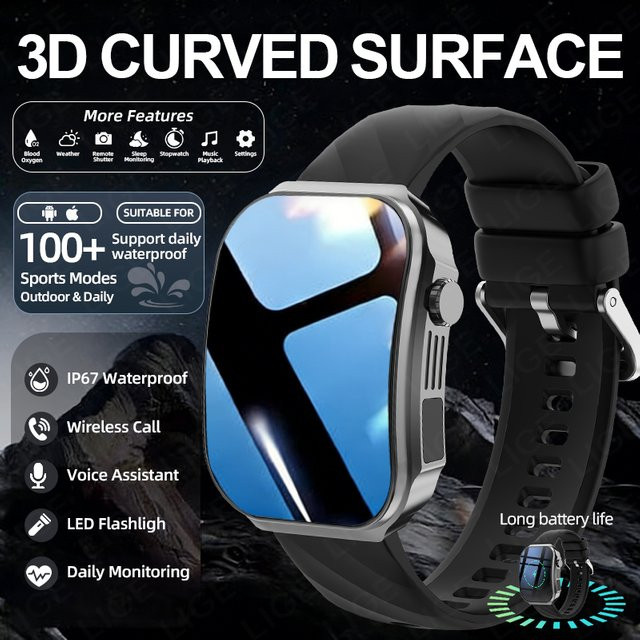 LIGE Smartwatch für Herren mit 2,2 Zoll HD 3D gebogenem Display, Bluetooth Anruffunktion, wasserdicht und mit Taschenlampe, Farbe: Schwarz - Bild 1