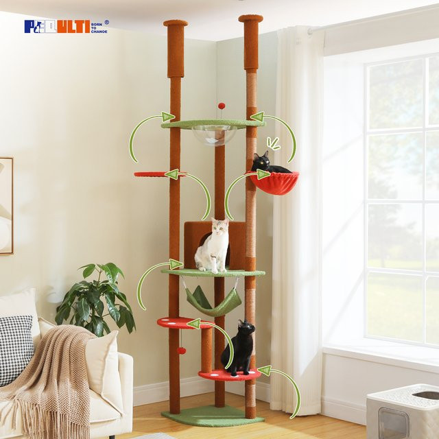 PEQULTI Höhenverstellbarer Katzenbaum mit Sisal-Kratzstämmen, Katzenhöhle und Hängematte - Bild 1