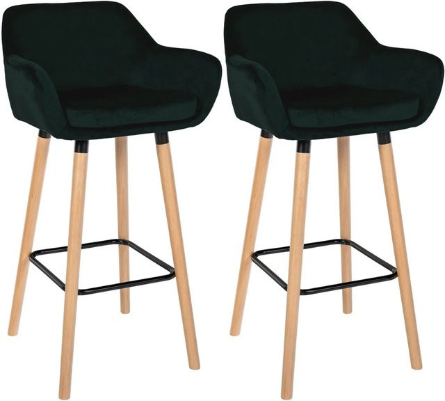 DELUKE 2er Set Barhocker MIRID aus Samt in Grün mit Lehne und Buchenholz, B/T/H: 55 x 46 x 99 cm - Bild 1