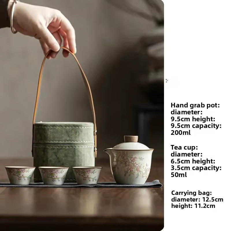 Mihuang Ru Kiln Keramik Teeset für unterwegs mit drei Tassen und floralem Design in Pfirsich Frühling Farbe - Bild 6