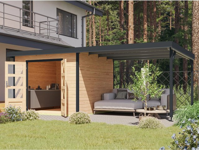 Karibu Gartenhaus Set Domingo A in Anthrazit mit Anbaudach und Trapezblechdach, 7 m² - Bild 1