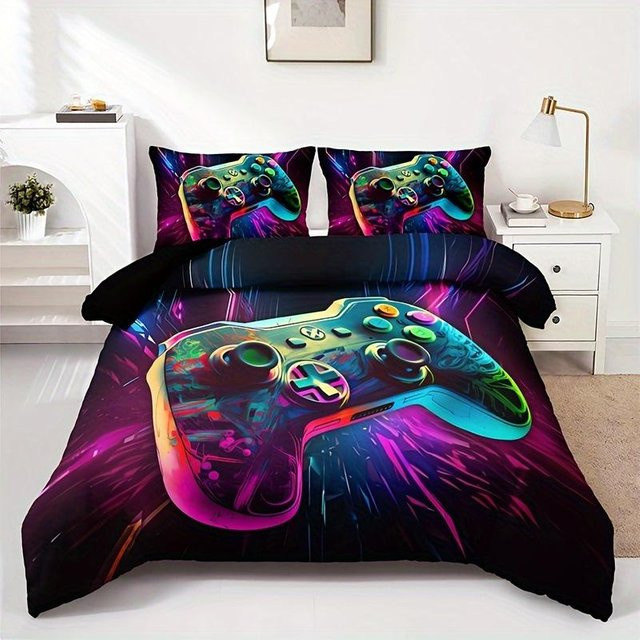 Binchi Bettwäsche Set Cartoon Cool Gamepad in Schwarz und Multicolour, bestehend aus 1 Bettbezug und 2 Kissenbezügen, Material Mikrofaser, B/H: 135 x 200 cm - Bild 1