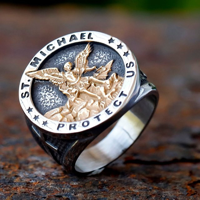 Ring Edelstahl, Goldfarben, St. Michael Kreuz, Vintage, Herren - Bild 1