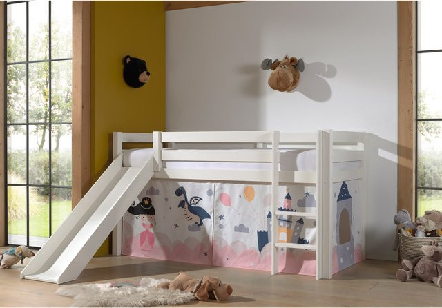 Halbhohes Kinderbett PINO aus massivem Kiefer mit Rutsche und Textilset Princess Sophie in Weiß, B/T/H: 90 x 200 cm - Bild 1