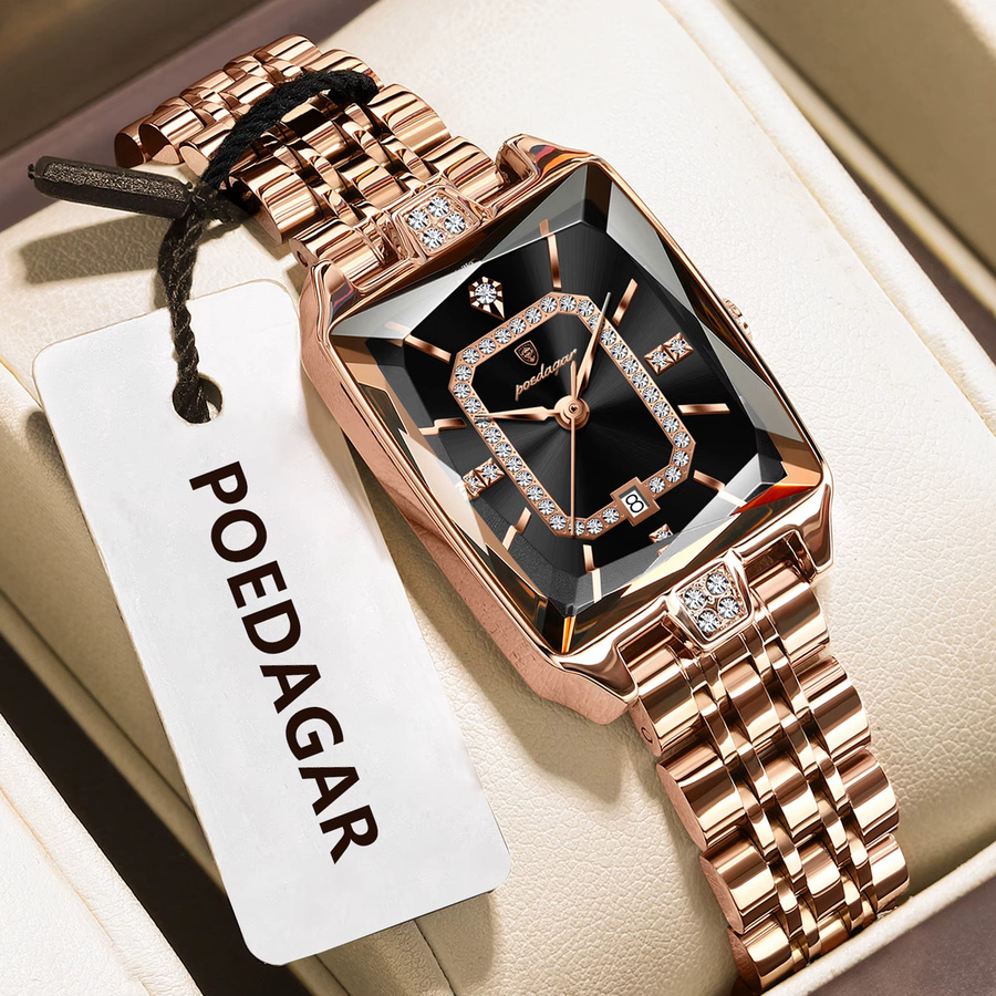 POEDAGAR Armbanduhr Edelstahl, Quarz, Roségold, Schwarz, Damen - Bild 2
