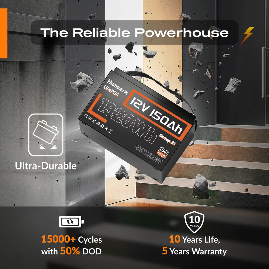 Humsienk 12V 150Ah LiFePO4 Lithium-Batterie mit 110A BMS, 1920Wh, Schwarz - Bild 4