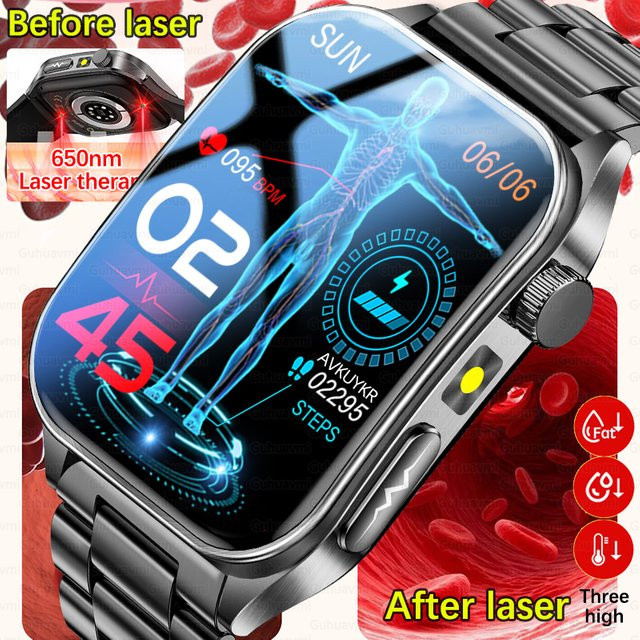 GUHUAVMI Smartwatch für Herren mit 650 nm Laser-Therapie, EKG, Blutdruckmessung und Bluetooth-Anruf, kompatibel mit Android und iOS, in Schwarz oder Blau - Bild 1