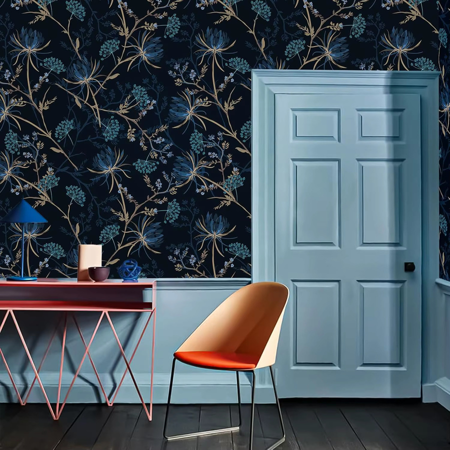 Meihodan Selbstklebende Tapete mit Dunklem Löwenzahn-Blumenmuster in Blau, Vintage Botanik Wandgestaltung zum Abziehen und Aufkleben - Bild 2