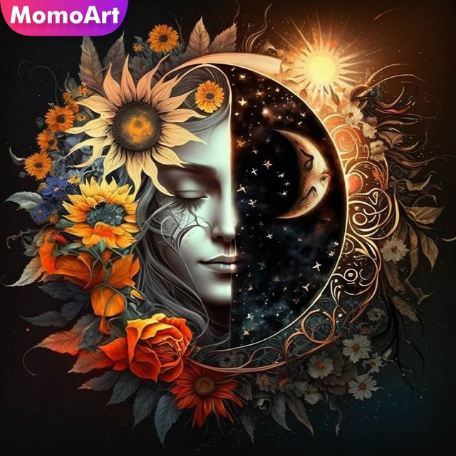 Momoart DIY Diamant-Mosaik Set mit abstrakter Landschaft, Frau, Blume und Mond in Mehrfarbig, rundes Diamant-Gemälde für moderne Wandkunst - Bild 1