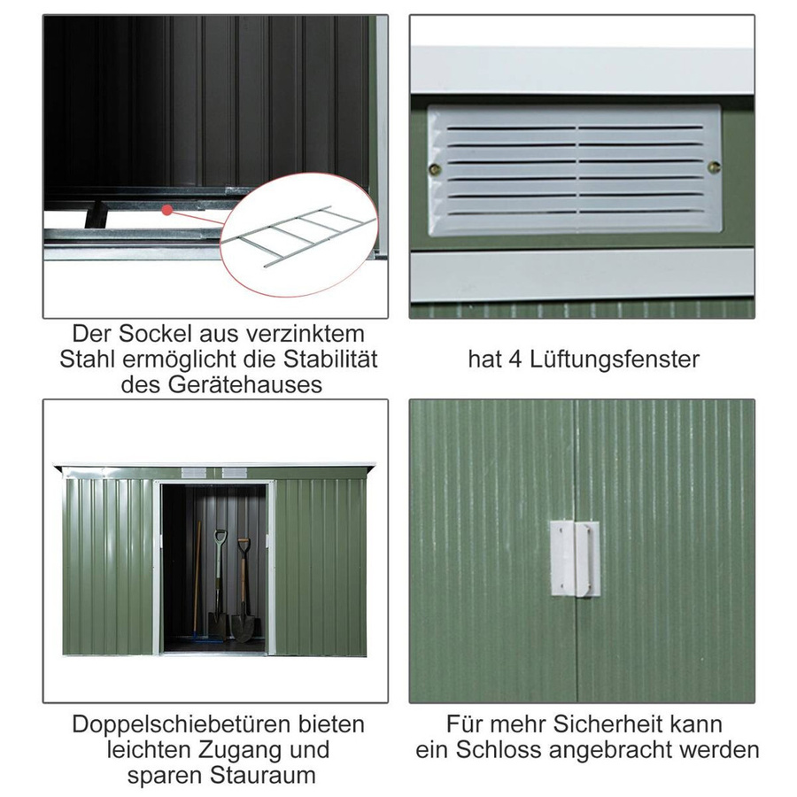 Outsunny Gerätehaus aus verzinktem Stahl in Grün mit Lüftungsfenster und Schiebetüren, B/H/T: 280 x 172 x 130 cm - Bild 5