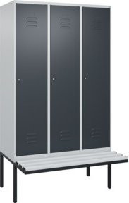 C+P Spind Classic PLUS Garderobenspind mit Sitzbank, 3 Abteile, Lichtgrau, B/T/H: 212,0 x 120,0 x 81,5 cm, mit Zylinderschloss und 4 Garderobenhaken - Bild 1