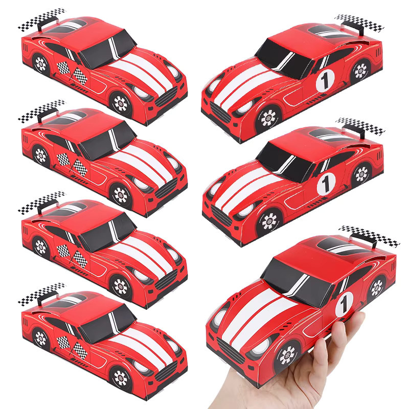5er Set Rennwagen Geschenkboxen für Kinder zum Geburtstag oder Baby Shower in Rot aus Papier - Bild 4