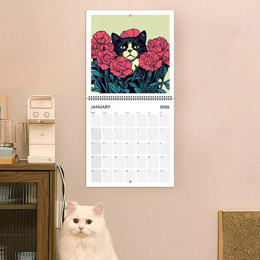 Katzen Chillin mit Kaffee Wandkalender 2026 im Ins-Stil, Monatlicher Familienplaner und Organizer in Blau und Mehrfarbig - Bild 3