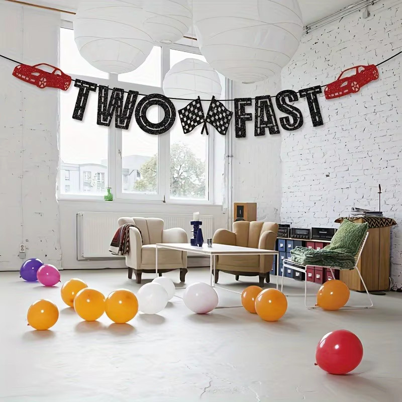 OURFETE Two Fast Banner Wimpelkette zum 2. Geburtstag, schwarze Glitzer-Partydekoration mit roten Rennwagen und karierten Flaggen im Rennsport-Thema - Bild 2