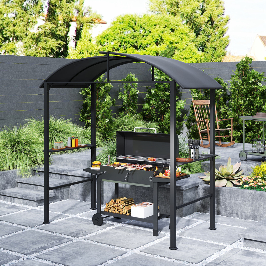 Outsunny Grillpavillon aus Stahl und Polyester in Dunkelgrau mit Doppeldach und Regalen, B/T/H: 233 x 110 x 235 cm - Bild 2
