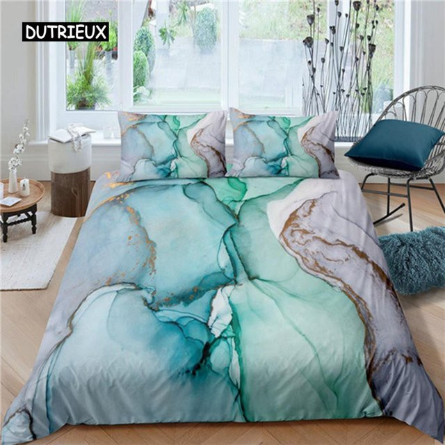 Bettwäsche-Set aus Mikrofaser mit abstraktem Marmor-Design von Binchi Outdoor Product in Mint, Gold, Türkis und Blau, B/H: 135 x 200 cm - Bild 1