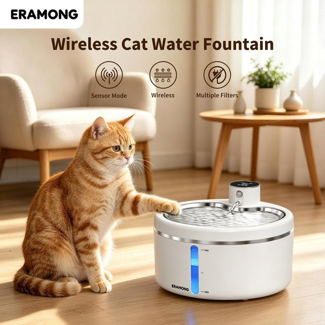 Eramong Automatischer Katzenwasserspender mit Bewegungssensor und Timer, Kabelloser USB-Akku-Betrieb, Weiß, 2,5 l - Bild 1