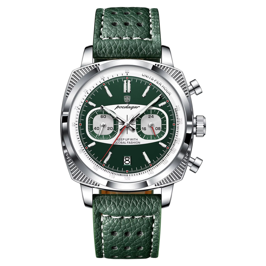 POEDAGAR Armbanduhr Chronograph, Quarz, Leder, Silber, Herren - Bild 7