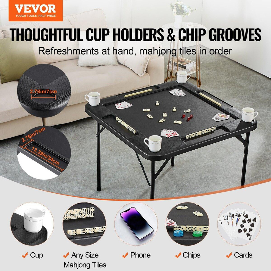 Buying Solutions MB Mahjong-Tisch für 4 Spieler, quadratischer Klapp-Kartentisch in Schwarz mit 4 Getränkehaltern, 4 Chip-Schalen und Domino-Set - Bild 8