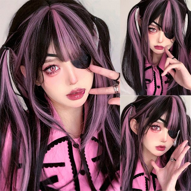 allaosify Cosplay Perücke, schwarz-rosa, lang, glatt, mit Pony, synthetisch - Bild 1