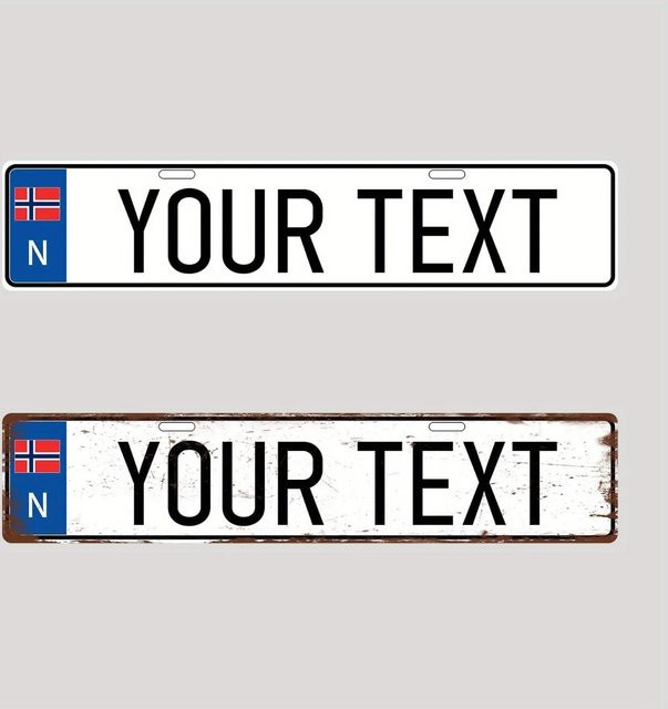 Personalisiertes norwegisches Aluminium-Nummernschild mit individuellem Text in Rot, Weiß und Blau als rustikale Wanddekoration - Bild 1