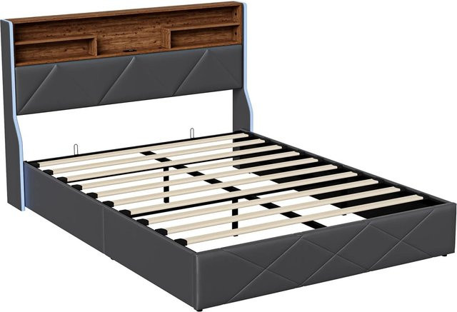 PXloue Polsterbett mit Bettkasten und LED-Beleuchtung, USB-Anschluss und Lattenrost, Grau, B/T/H: 160 x 200 x 115 cm - Bild 1