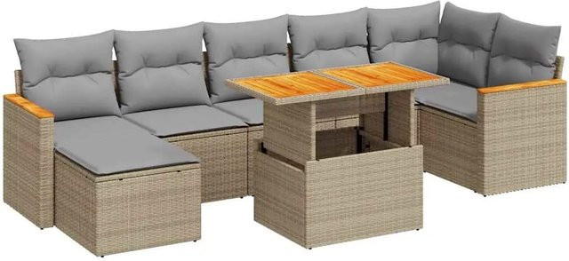vidaXL 8-teilige Garten-Sofagarnitur in L-Form mit Kissen und Couchtisch, Beige, Polyrattan und Akazienholz - Bild 1