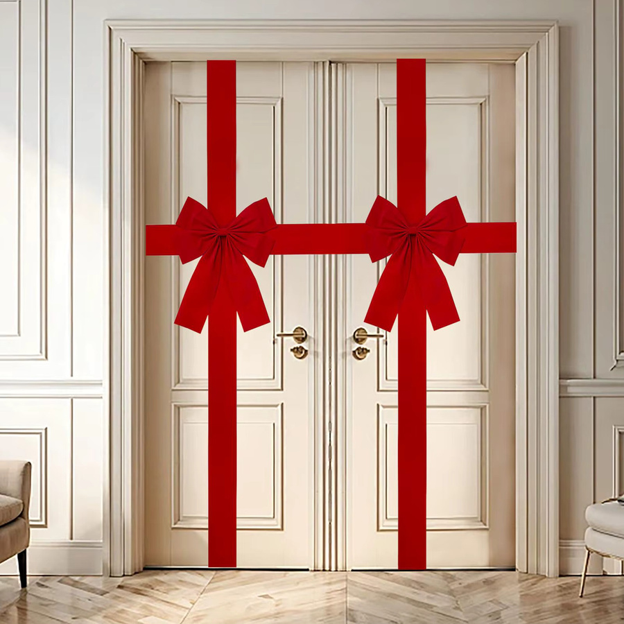 Rote Weihnachts-Schleife aus Textil als dekorativer Hänge-Bogen für die Haustür oder Hochzeiten - Bild 2