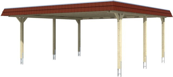 Skan Holz Doppelcarport Wendland aus Fichte in Nussbaum mit Aluminium-Dach und Blende in Rot, B/T/H: 630 x 637 x 253 cm