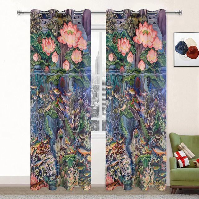 Yiran Furniture Lotus Verdunkelungsvorhänge mit Landschaftsmotiv, B: 55 cm, H: 120 cm, Mehrfarbig - Bild 1