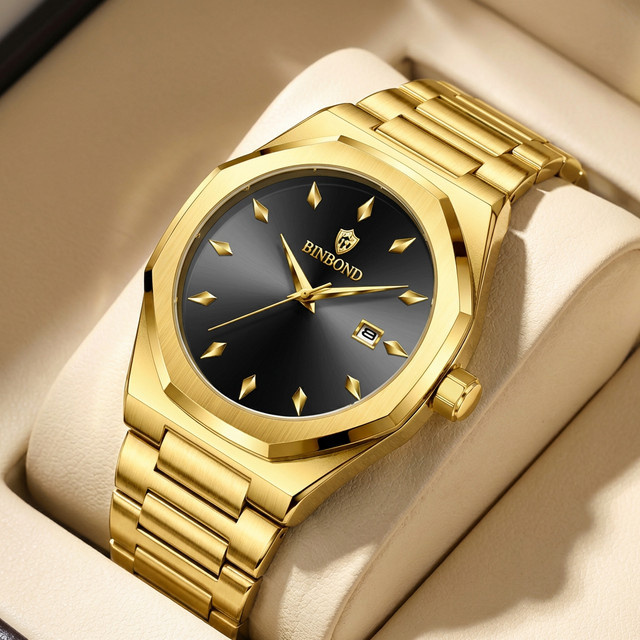 BINBOND Armbanduhr, Quarz, Edelstahl, Gold, rautenförmiges Zifferblatt, Datum, Unisex - Bild 1