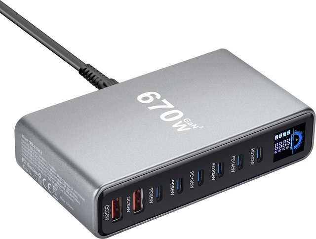 deepartner 670W GaN Schnell-Ladestation mit Display und 140W USB-C-Anschluss, 8-Port-Ladegerät für Handys und Tablets - Bild 1