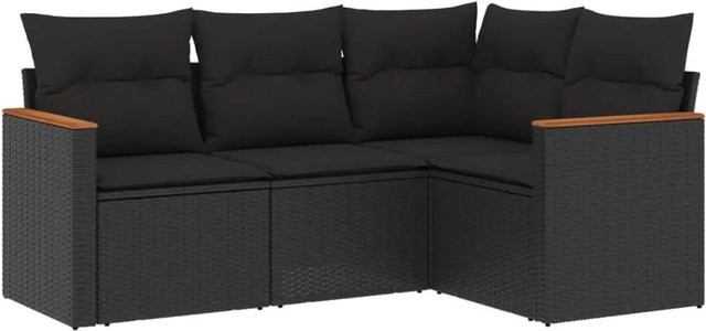 vidaXL 4-tlg Garten-Sofagarnitur in L-Form aus Polyrattan und Akazienholz mit Kissen, Schwarz - Bild 1