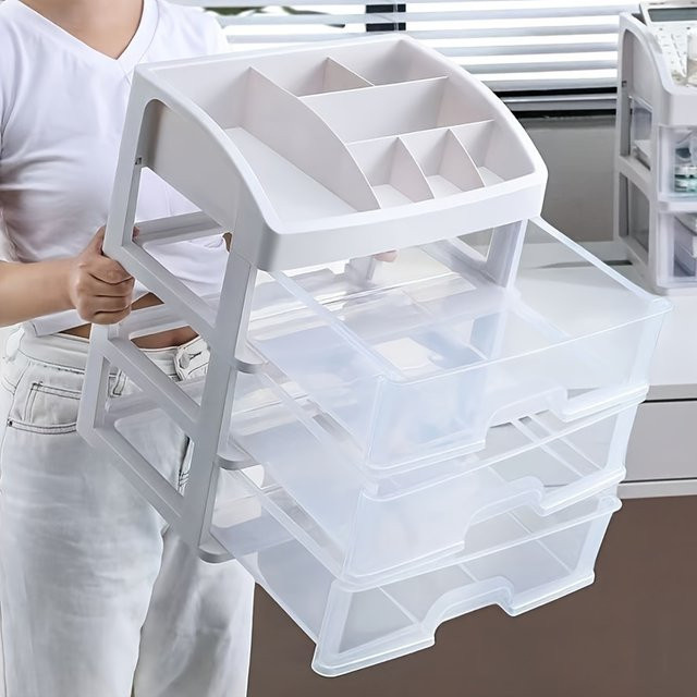 Transparente mehrschichtige Aufbewahrungsbox für Büro und Kosmetik mit Schubladen aus Kunststoff in Weiß - Bild 1