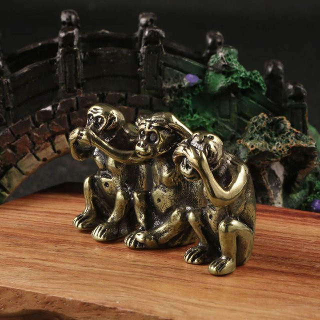 ELESAHOME Retro Messing Skulptur 3-Affen No Speak Hören Look, Goldene Tierfigur als dekoratives Ornament für Schreibtisch und Home Office - Bild 1