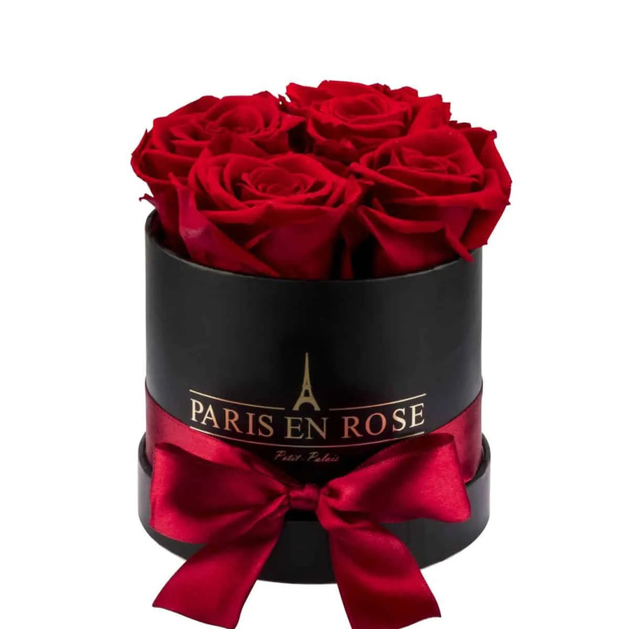 PARIS EN ROSE Rosenbox Schwarz mit 4 roten Rosen und Schleife, Durchmesser: 10 cm - Bild 2