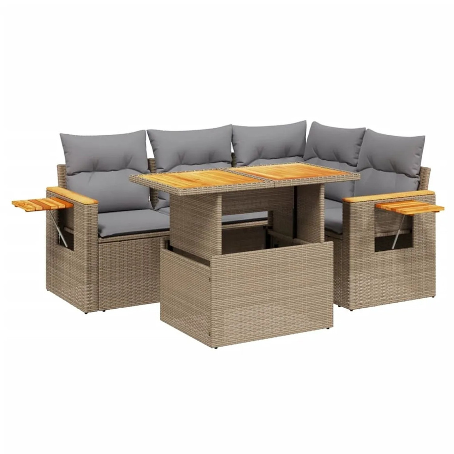 vidaXL 5-tlg Garten-Sofagarnitur in L-Form aus Polyrattan und Akazienholz mit Kissen in Beige - Bild 2