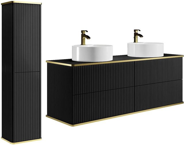Vente-unique Badmöbel-Set Keliza im Art-déco-Stil mit Aufsatzbecken und Hochschrank, Schwarz, Breite: 120 cm - Bild 1