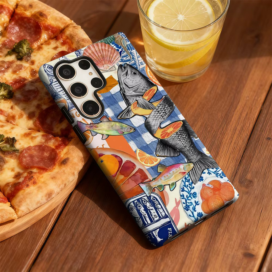Stoßfeste doppellagige Handyhülle mit Fisch- und Orange-Collage für Samsung Galaxy S25 Ultra, S24 und S23 Ultra Plus in Multicolor - Bild 5