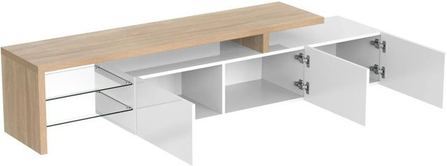 okwish TV Schrank in Holzoptik mit LED und Glasböden, Farbe: Weiß, B/T/H: 197,5 x 39 x 42 cm - Bild 1