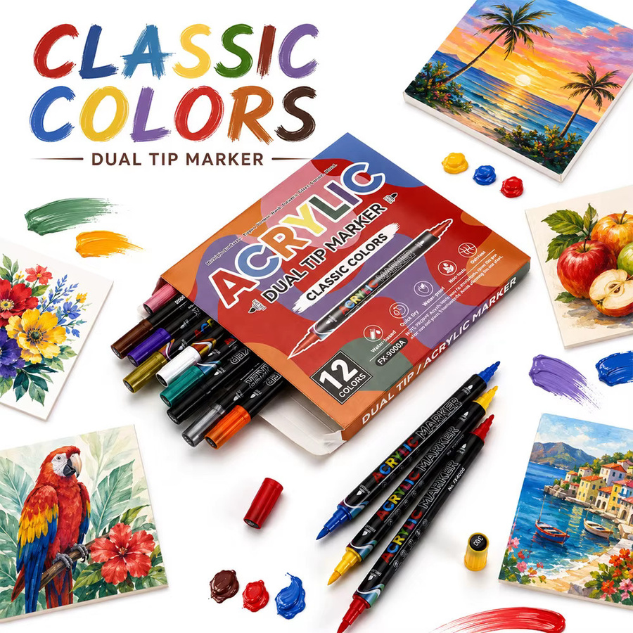 Acryl-Marker-Set mit 12 Farben und Dual-Tip Pinselspitze für Stein, Leinwand, Glas und Metall, wasserfest und schnelltrocknend - Bild 4