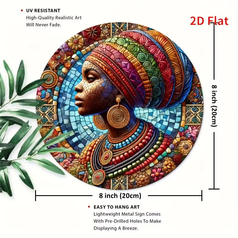 Potdemiel Afrikanische Damen-Mosaik Metallwandkunst, Runde Aluminium-Wanddekoration mit Ethnic-Mustern, Mehrfarbig, Durchmesser: 20,3 cm - Bild 3