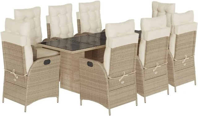 vidaXL 9-teilige Garten-Essgruppe aus Poly-Rattan mit Kissen in Beige-Creme - Bild 1