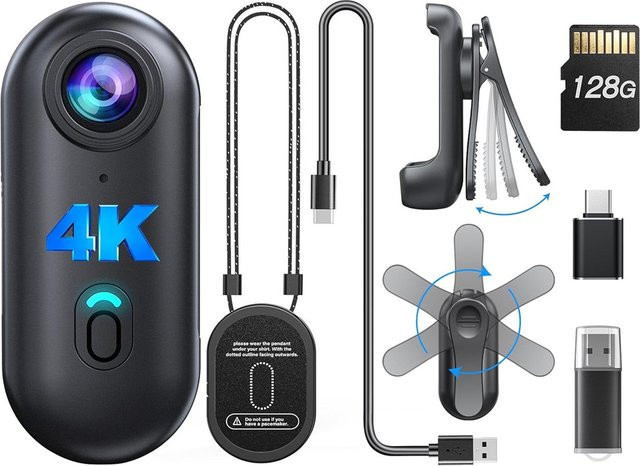 Blueskysea 4K Mini Action Camera mit 1080P Videoaufnahme, tragbarer Videorecorder mit 128GB Speicher und Helmhalterung sowie drehbarem Clip in Schwarz - Bild 1
