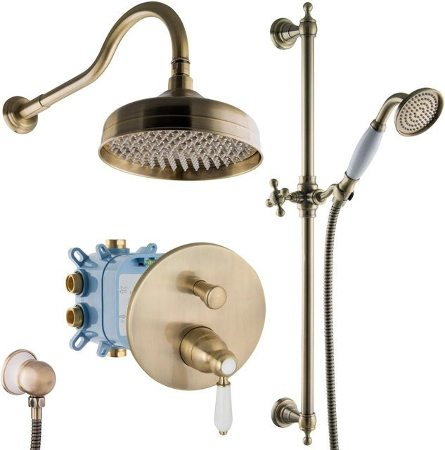 PaulGurkes Unterputz Regendusche Set Nostalgie Retro Antik in Messing Bronze mit Handbrause und Umschalter - Bild 1