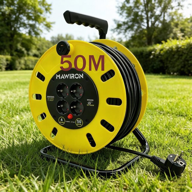 Gelbe Kabelrolle mit 50 m Stromverlängerungskabel für Werkstatt, Garage und Garten, B/H/T: 40 x 28 x 50 cm - Bild 1