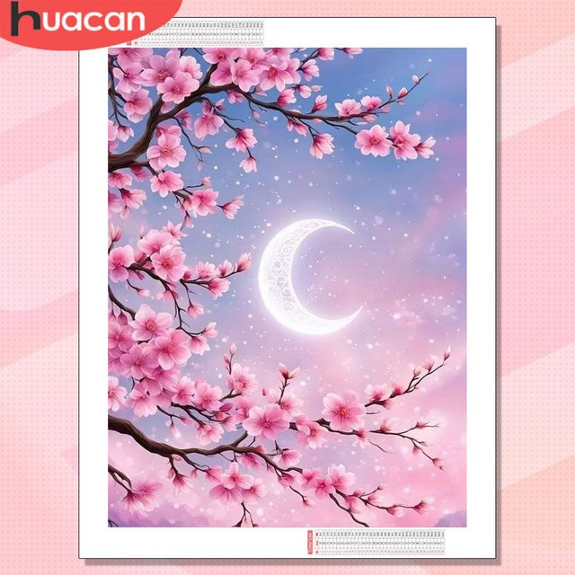 HUACAN Diamond Painting Komplettset Mondlandschaft mit Kirschblüten, Multicolour, B/H: 30,0 x 20,0 cm - Bild 1