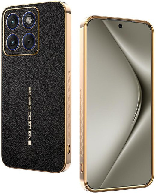Motorola Edge 50 Neo Schutzhülle aus Lychee-Leder mit Galvanik-Rahmen in Schwarz - Bild 1
